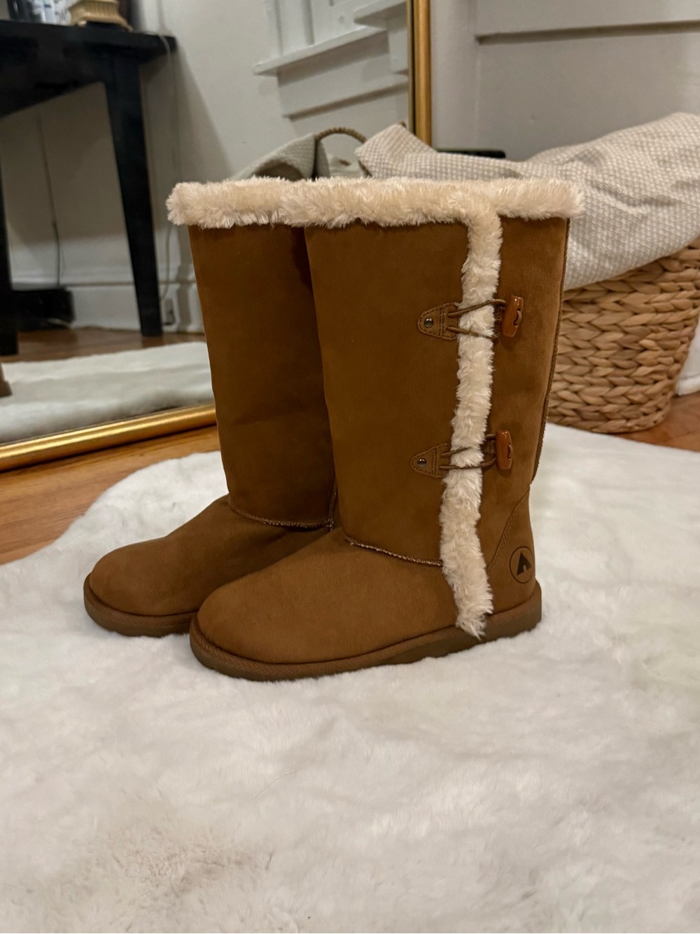 Airwalk Chestnut Brown Faux-Suede Tall Winter Boots with Cream Shearling Trim